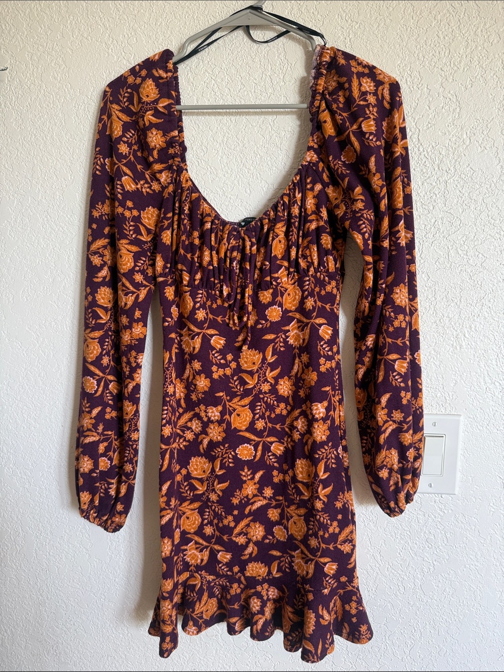 Women's Purple Floral Long-Sleeve Dress with Orange Print